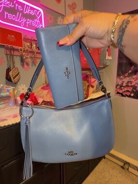 Coach Dusty Blue Pebbled Leather Shoulder Bag with Matching Wallet